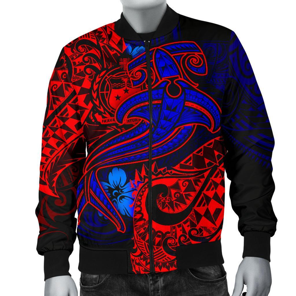 Samoa Men's Bomber Jacket - Blue Shark Polynesian Tattoo - Polynesian Pride