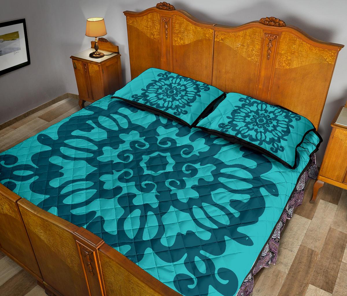 Hawaiian Quilt Turtle Pattern New Blue Quilt Bed Set - Skin Style - AH - Polynesian Pride