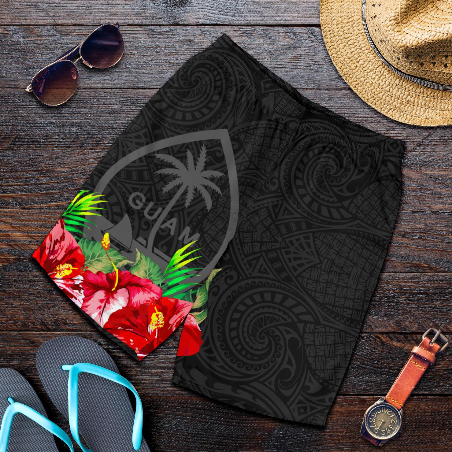 Guam Polynesian Men's Shorts Black Hibiscus Black - Polynesian Pride