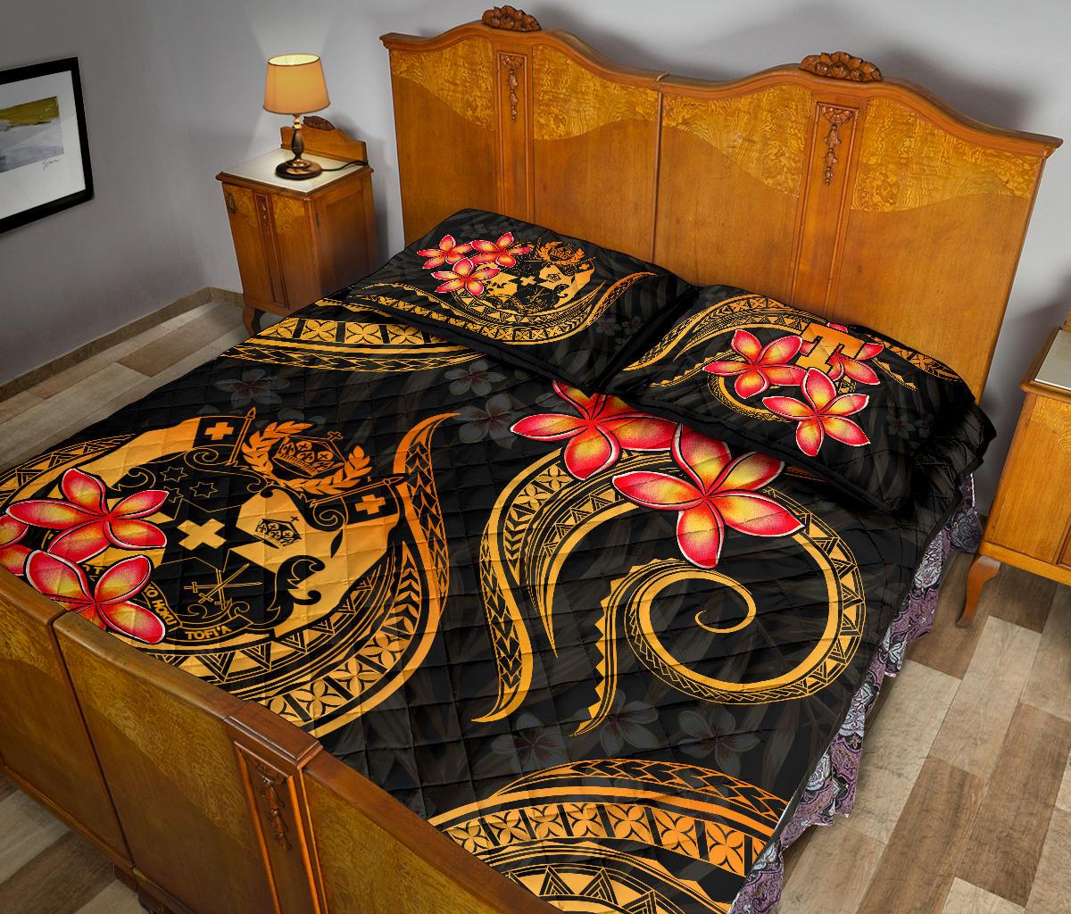 Tonga Polynesian Quilt Bed Set - Gold Plumeria - Polynesian Pride