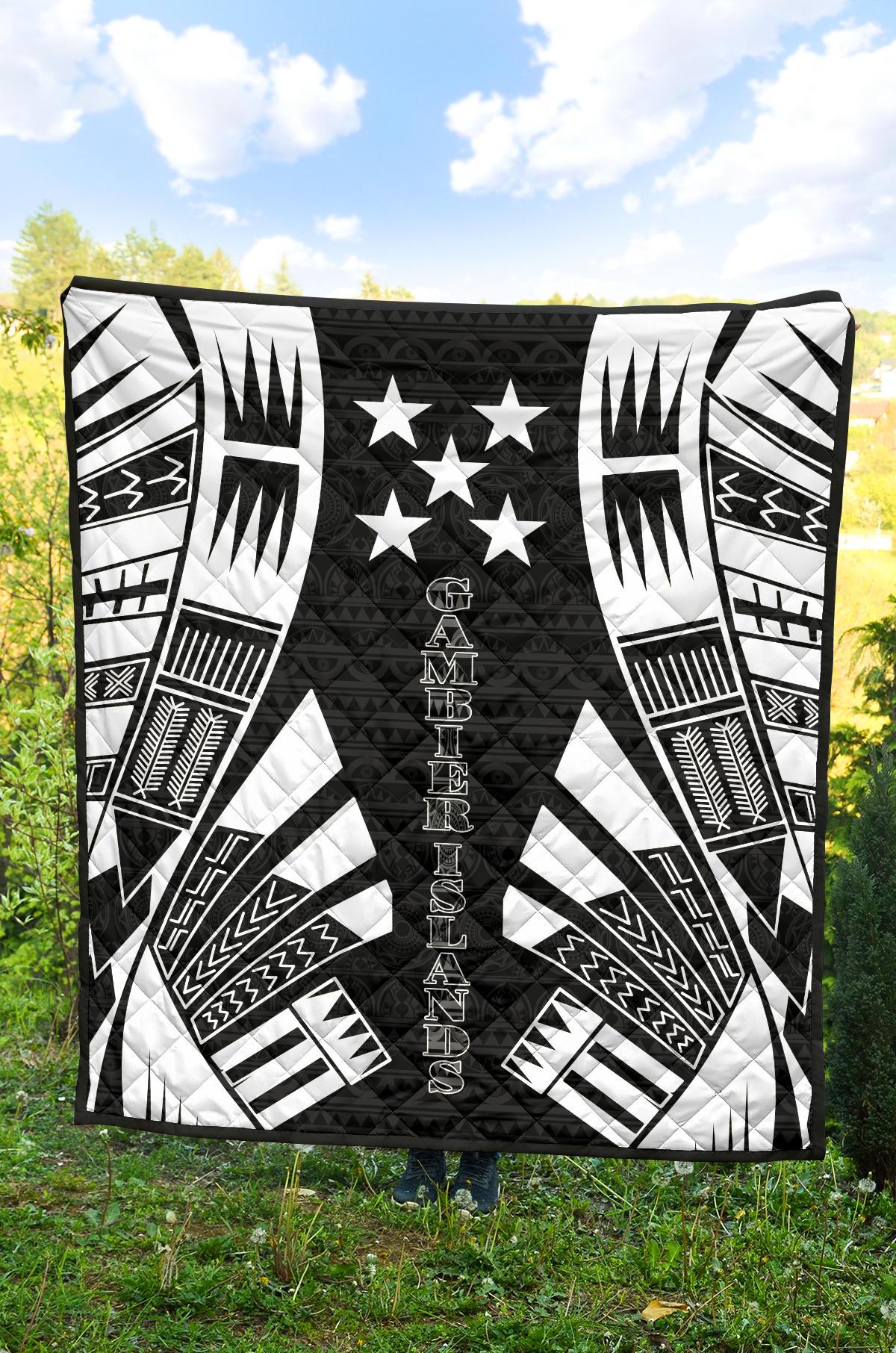 Gambier Islands Premium Quilt - Gambier Islands Flag Polynesian White Tattoo (Black) - Polynesian Pride