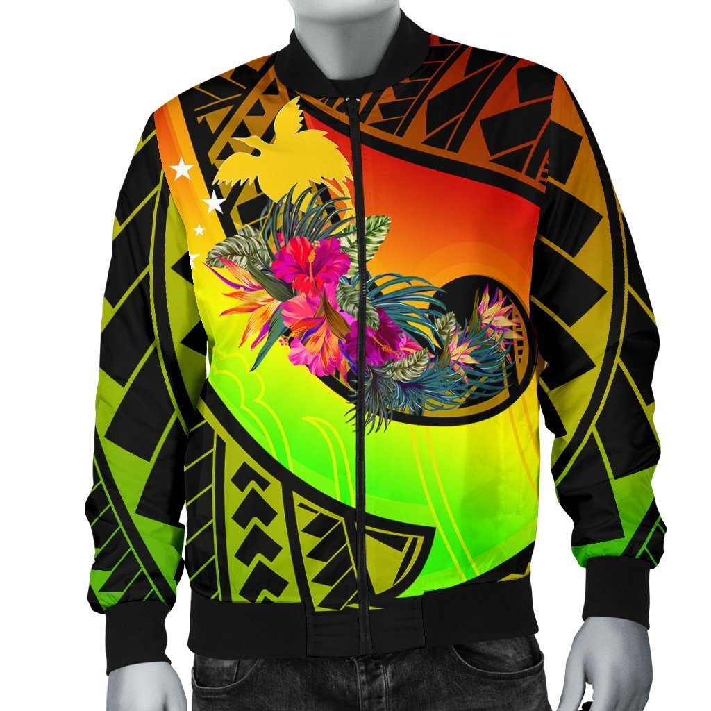 Papua New Guinea Men's Bomber Jacket - Polynesian Hook And Hibiscus (Raggae) - Polynesian Pride