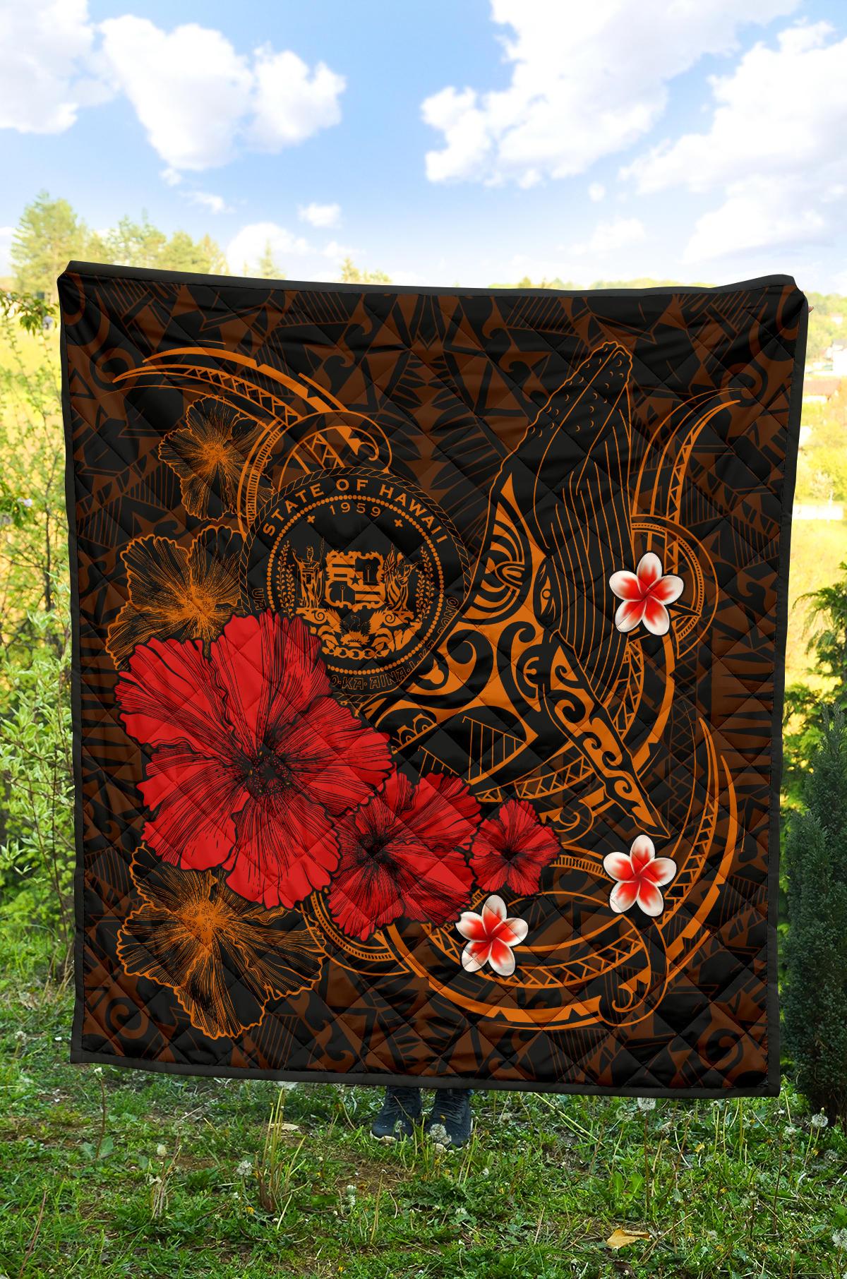 Polynesian Hawaii Premium Quilt - Humpback Whale with Hibiscus (Golden) - Polynesian Pride