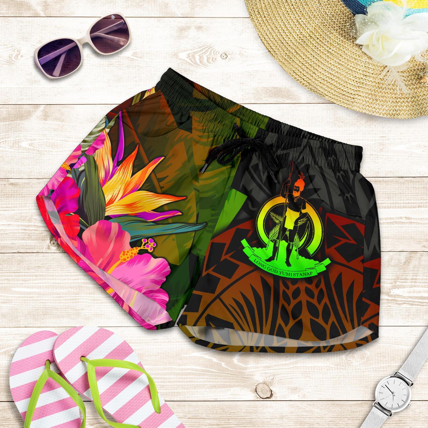 Vanuatu Polynesian Women's Shorts - Hibiscus and Banana Leaves Women Reggae - Polynesian Pride