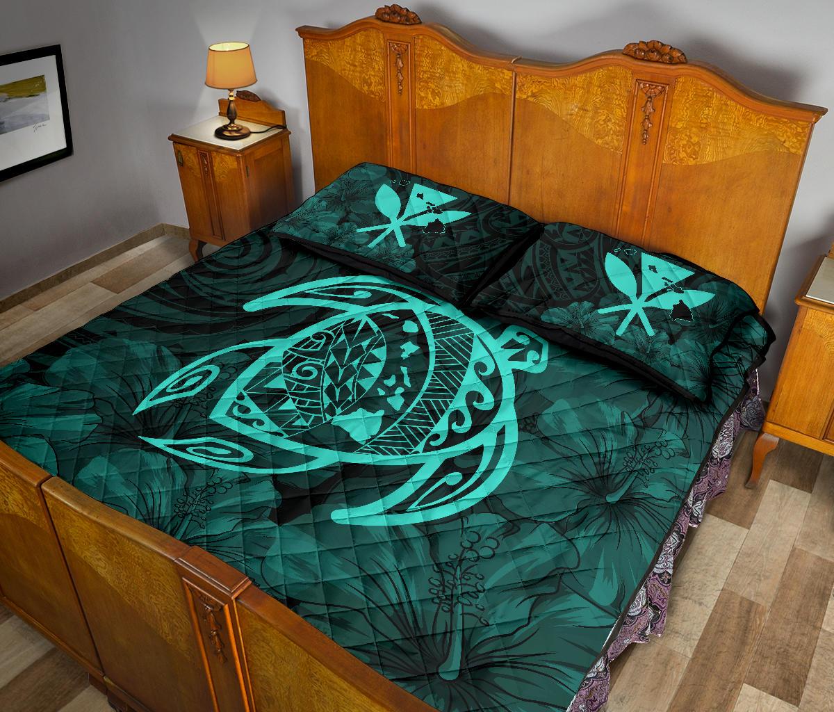 Hawaii Turtle Kanaka Map Hibiscus Poly Quilt Bed Set - Turquoise - Polynesian Pride