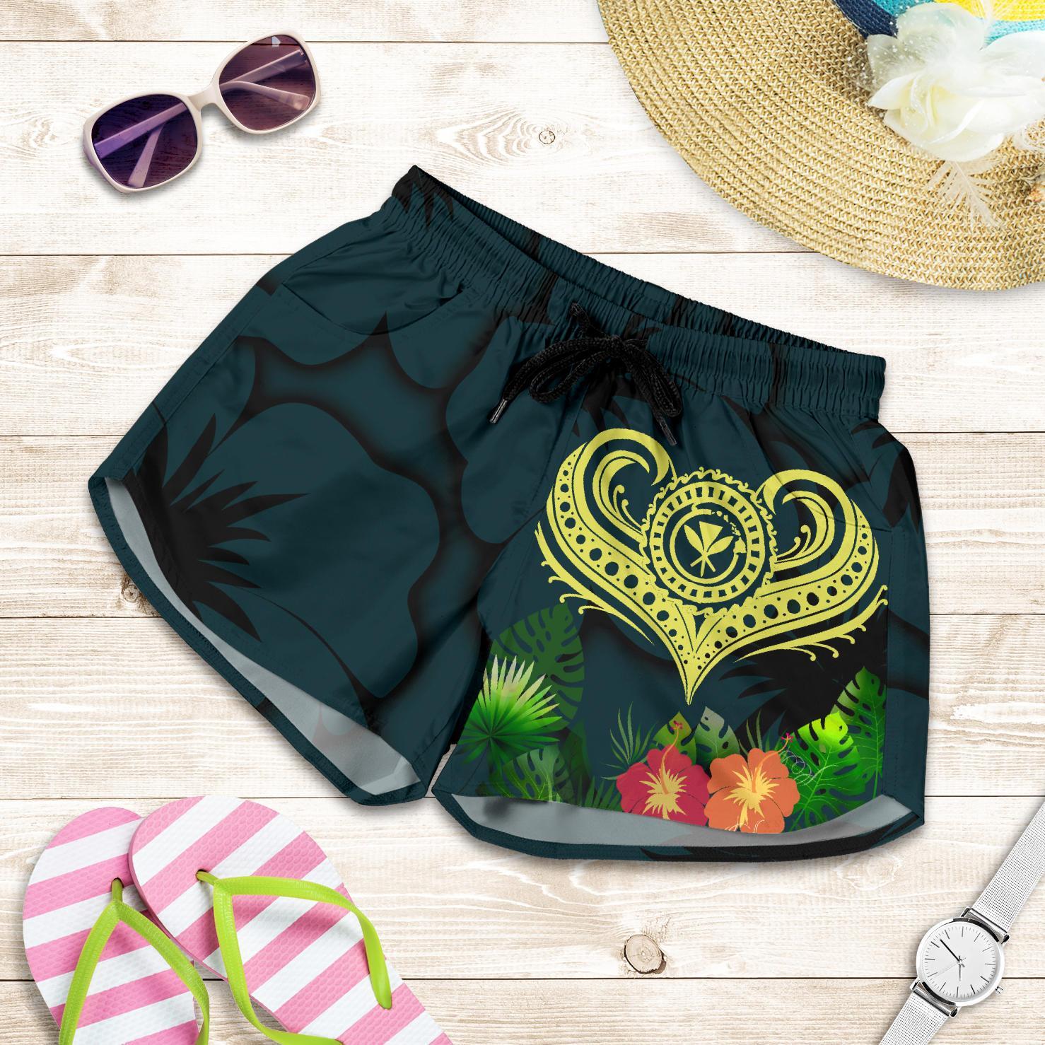 Polynesian Hawaii Kanaka Maoli Women's Short - Heart with Hibiscus Women Green - Polynesian Pride