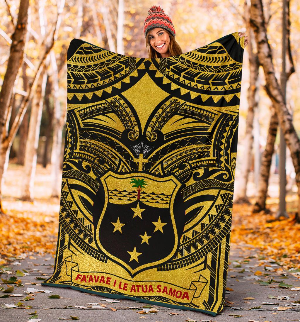 Samoa Premium Blanket - Samoa Coat Of Arm, Polynesian Tattoo Golden - Polynesian Pride