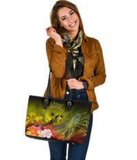 Chuuk Large Leather Tote Bag - Humpback Whale with Tropical Flowers (Yellow) - Polynesian Pride