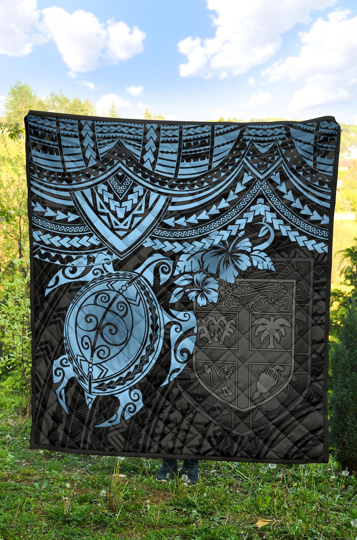 Fiji Polynesian Premium Quilt - Fiji Flag & Blue Turtle Hibiscus - Polynesian Pride