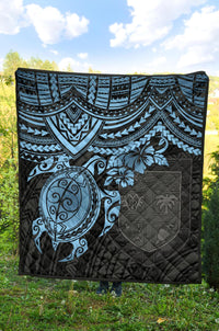Fiji Polynesian Premium Quilt - Fiji Flag & Blue Turtle Hibiscus - Polynesian Pride