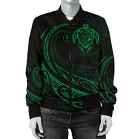 Hawaii Turtle Map Polynesian Women's Bomber Jacket - Green - Frida Style - Polynesian Pride