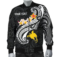 Papua New Guinea Custom Personalised Men's Bomber Jackets - PNG Seal Polynesian Patterns Plumeria (Black) - Polynesian Pride