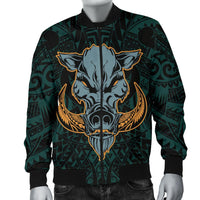 Hawaii Wild Boar Kamapua'a Men's Bomber Jacket - Turquoise - Hawaiian Mythology Style - Polynesian Pride