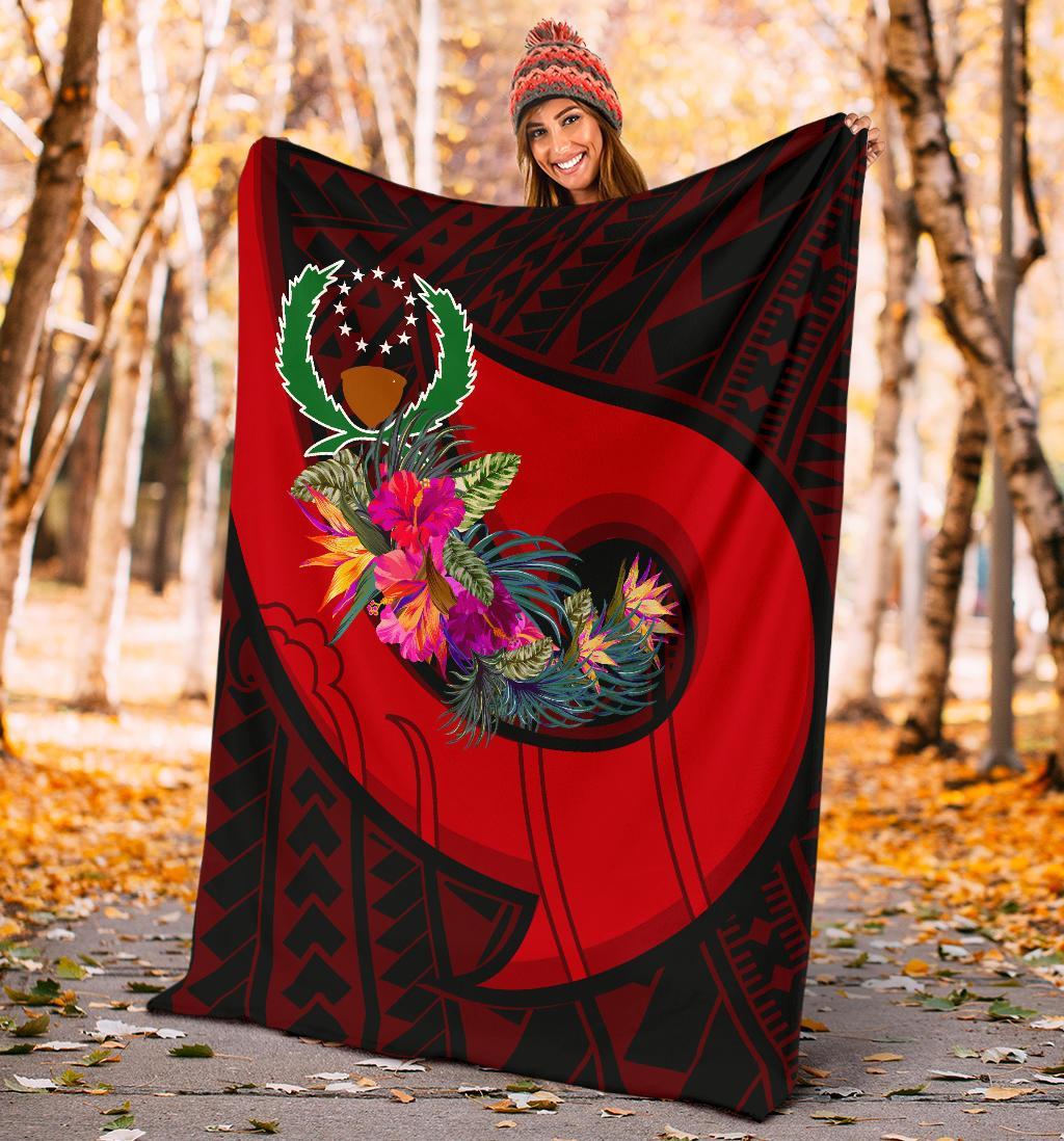 Pohnpei Premium Blanket - Polynesian Hook And Hibiscus (Red) - Polynesian Pride