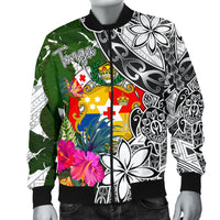 Tonga Men's Bomber Jacket White - Turtle Plumeria Banana Leaf - Polynesian Pride