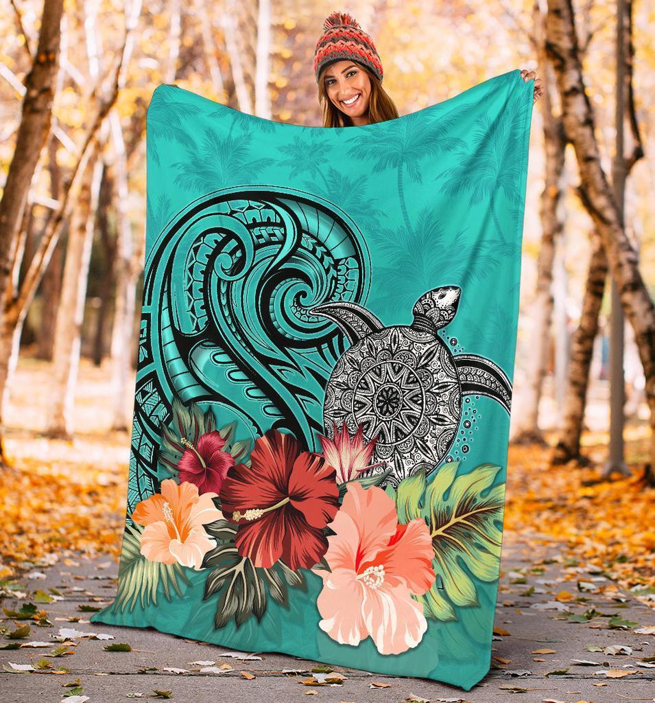 Turtle Polynesian Premium Blanket Hibiscus Polynesian Turquoise - Polynesian Pride
