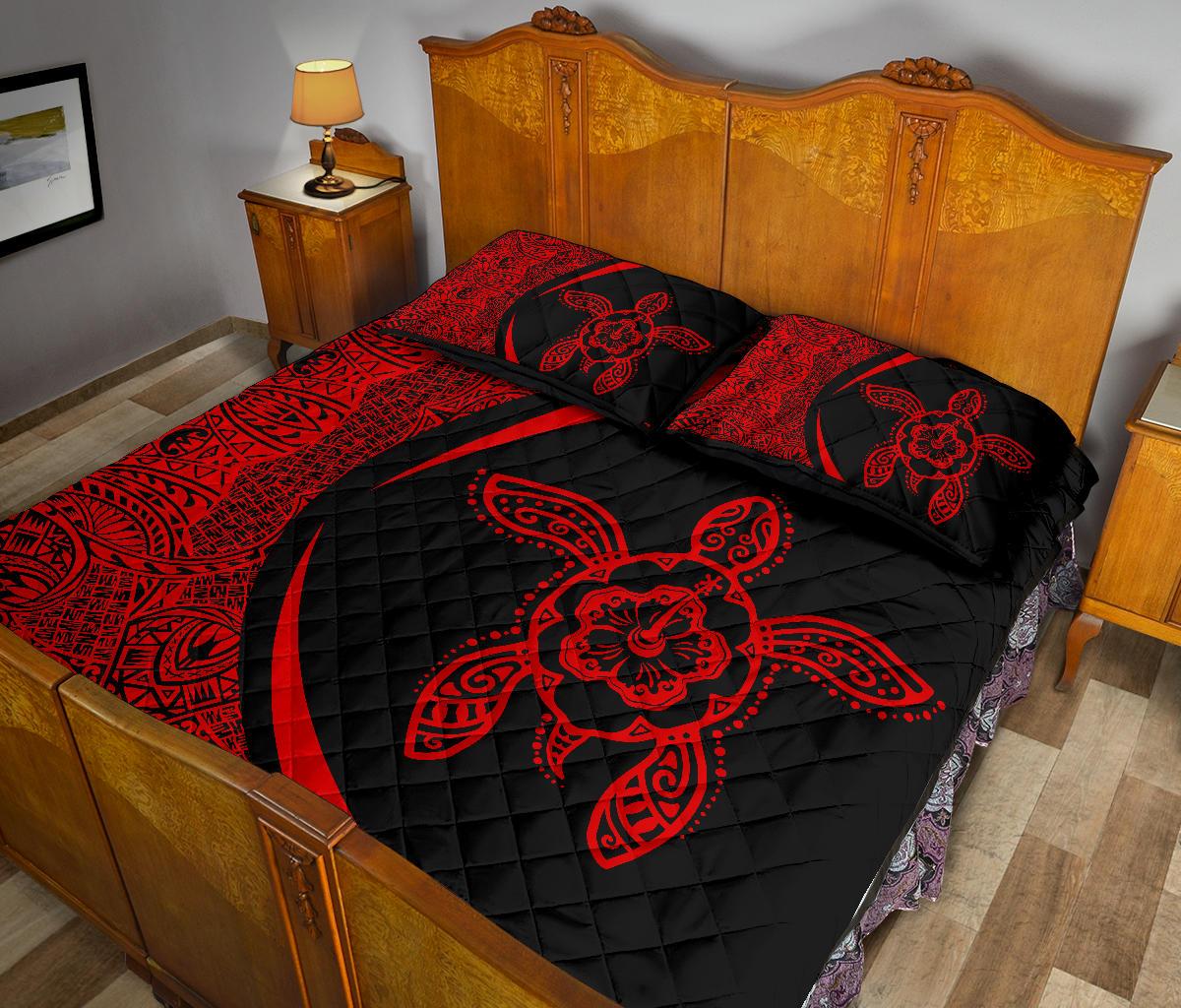 Hawaiian Polynesian Turtle Quilt Bed Set - Circle Style Red - Polynesian Pride
