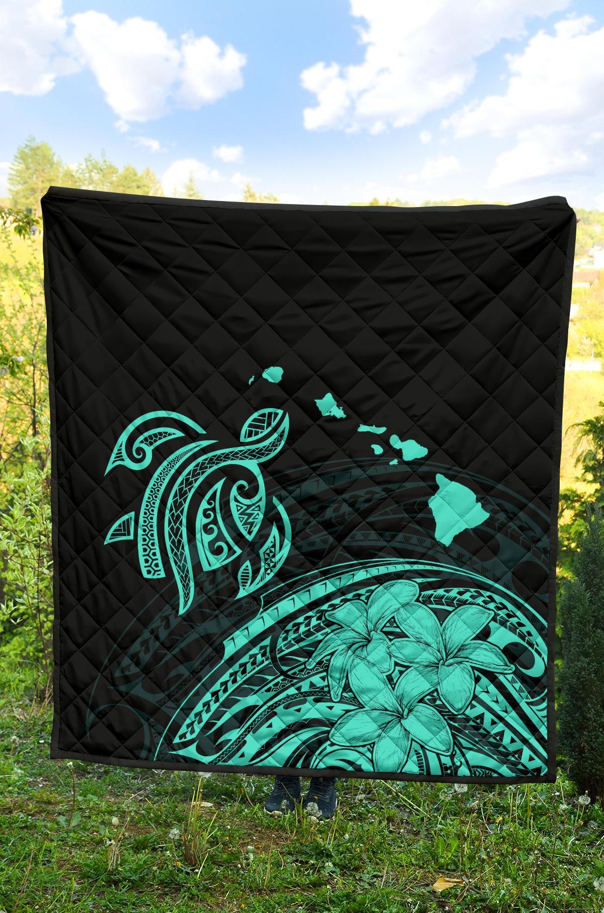 Hawaii Map Plumeria Polynesian Turquoise Premium Quilt - Polynesian Pride