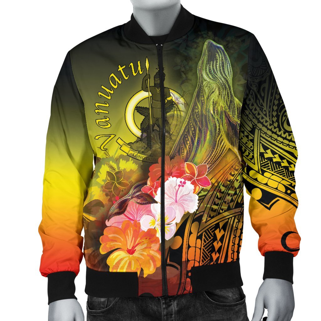 Vanuatu Men's Bomber Jacket - Humpback Whale with Tropical Flowers (Yellow) - Polynesian Pride