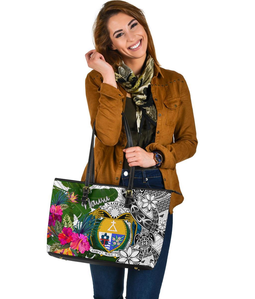 Nauru Large Leather Tote Bag White - Turtle Plumeria Banana Leaf Crest - Polynesian Pride