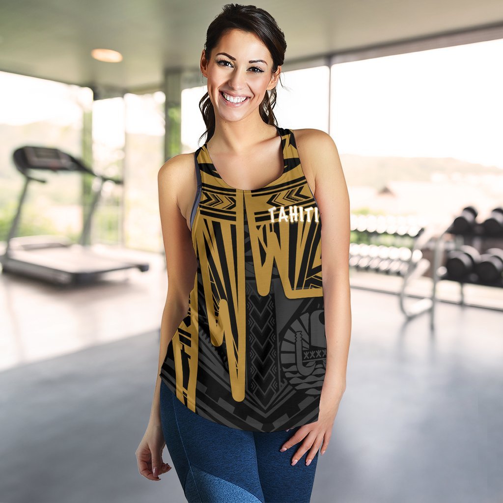 Tahiti Women's Racerback Tank - Tahiti Seal In Heartbeat Patterns Style (Gold) Gold - Polynesian Pride