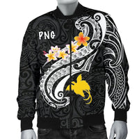Papua New Guinea Men's Bomber Jacket - PNG Seal Polynesian Patterns Plumeria (Black) - Polynesian Pride