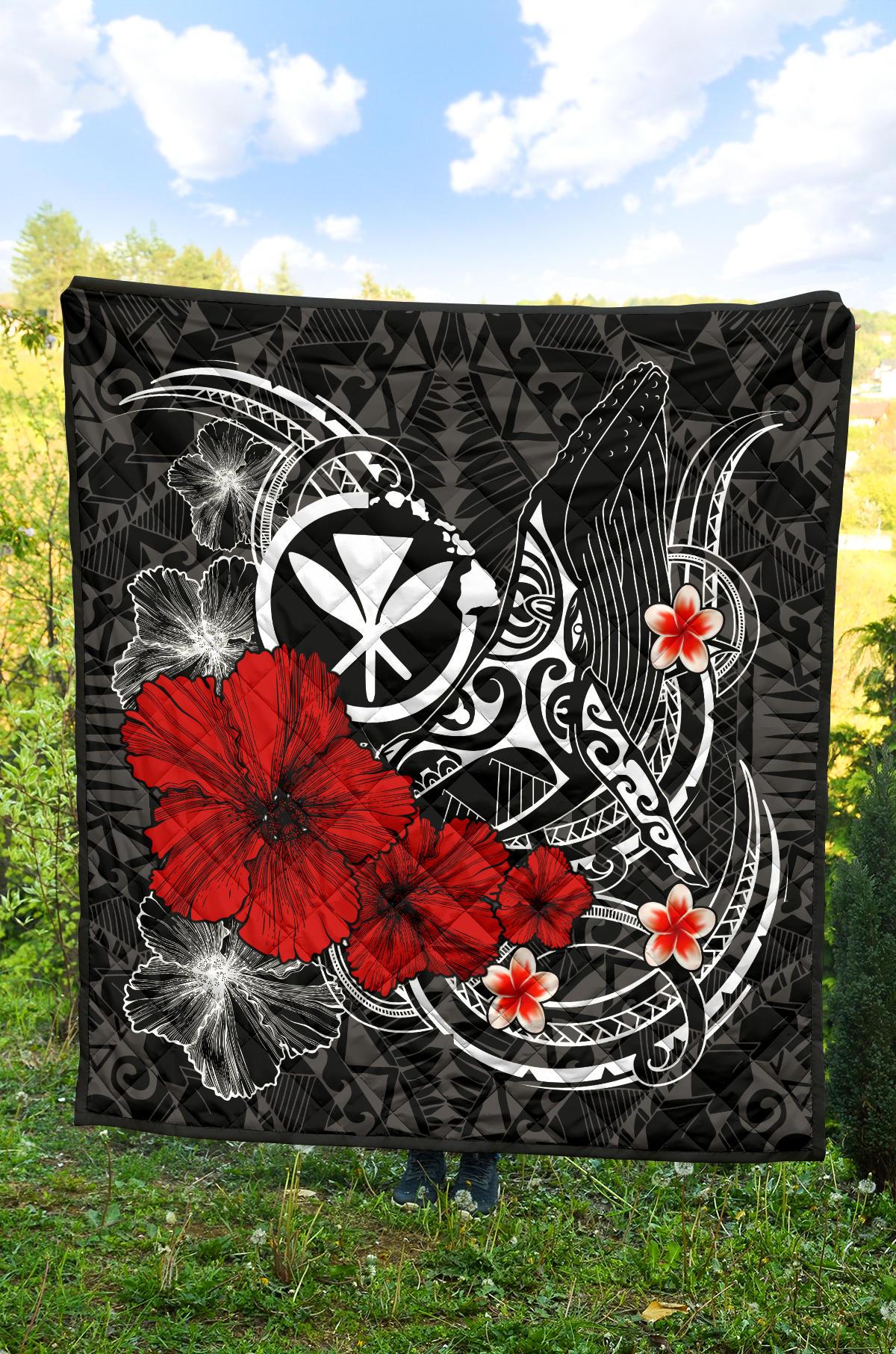 Polynesian Hawaii Kanaka Maoli Premium Quilt - Humpback Whale with Hibiscus (White) - Polynesian Pride