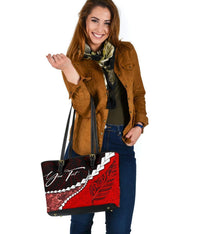 (Signature Custom) Paua Shell, Maori Silver Fern Leather Tote Bag, Red - Polynesian Pride