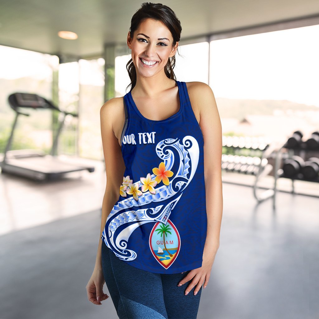 Guam Personalised Women's Racerback Tank - Guam Seal Polynesian Patterns Plumeria (Blue) Blue - Polynesian Pride