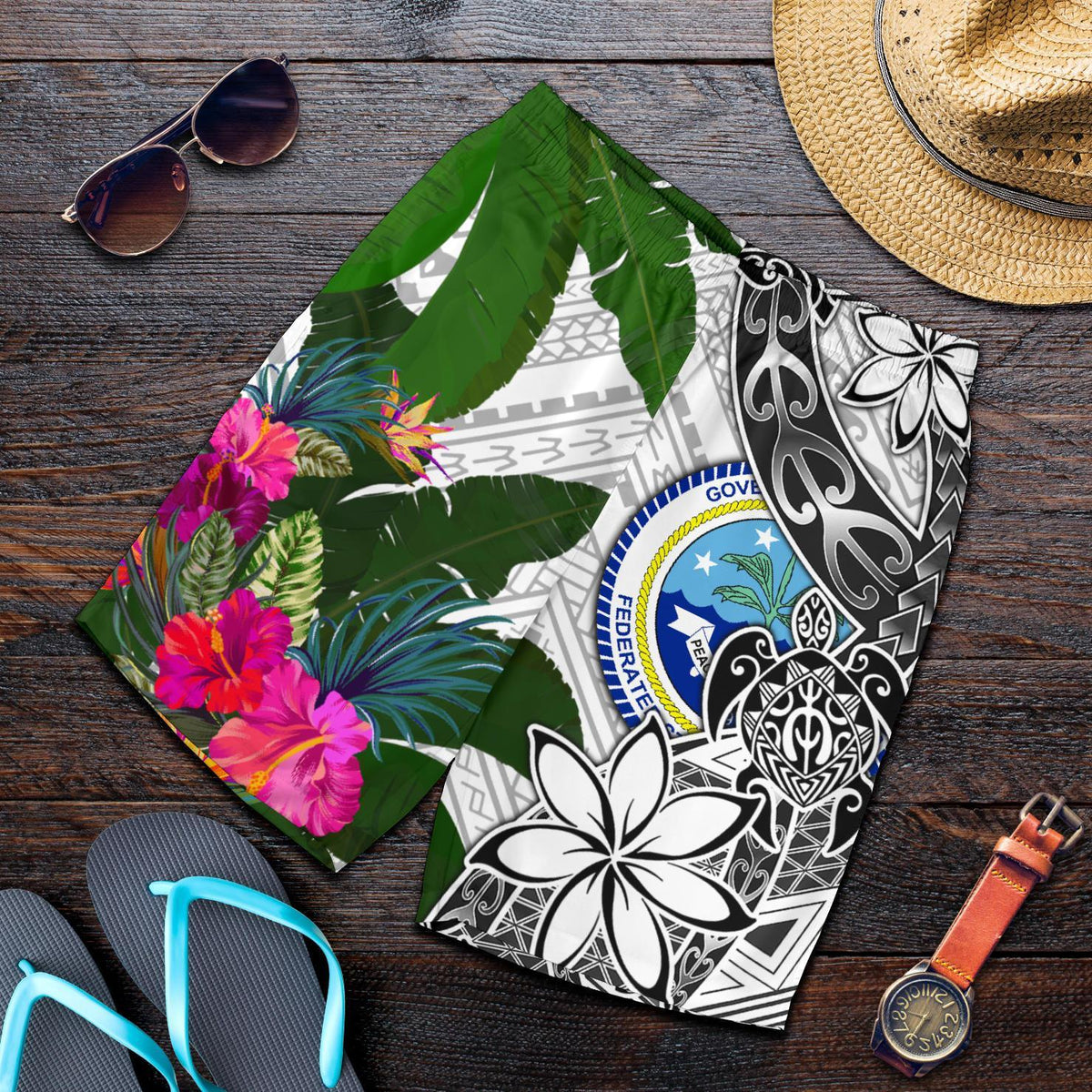 Federated States of Micronesia Men's Short White - Turtle Plumeria Banana Leaf - Polynesian Pride