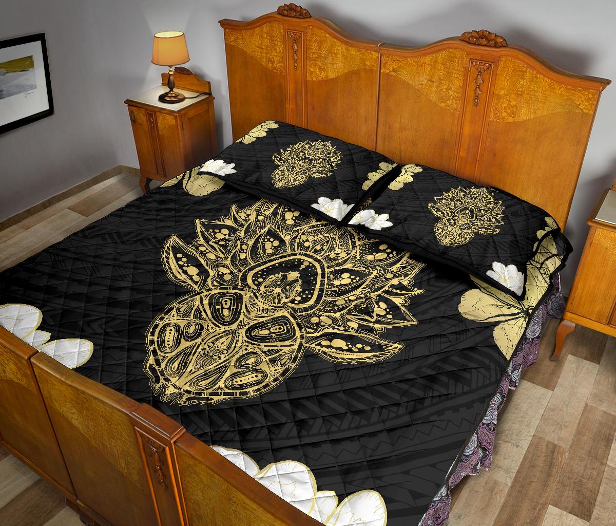 Hawaii Polynesian Turtle Mix Plumeria Gold - Quilt Bed Set AH - Polynesian Pride