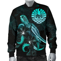 Tahiti Polynesian Men's Bomber Jacket - Turtle With Blooming Hibiscus Turquoise - Polynesian Pride