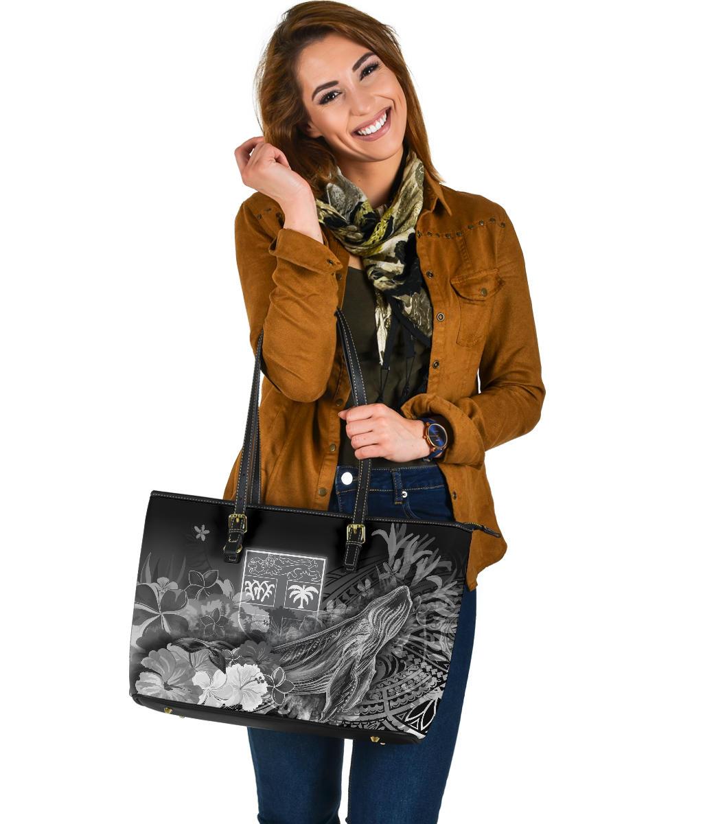 Fiji Large Leather Tote Bag - Humpback Whale with Tropical Flowers (White) - Polynesian Pride