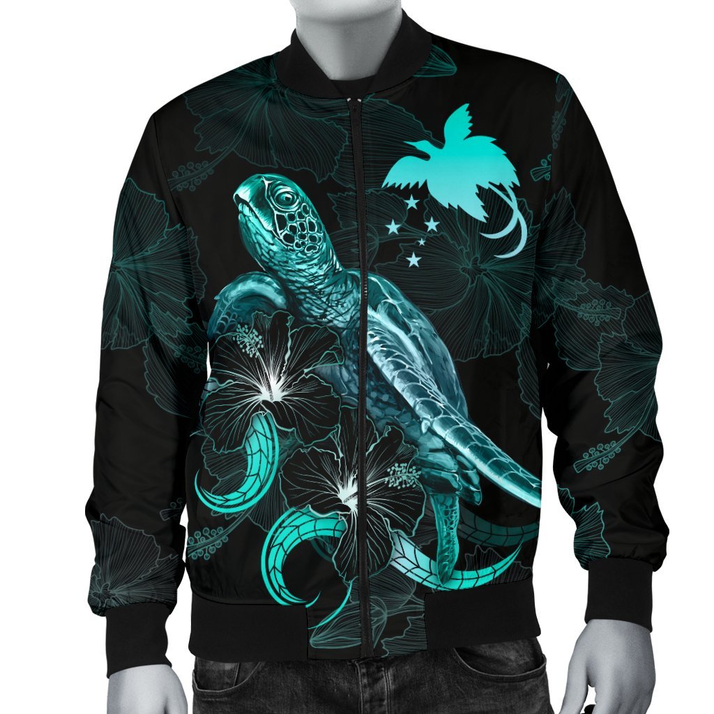 Papua New Guinea Polynesian Men's Bomber Jacket - Turtle With Blooming Hibiscus Turquoise - Polynesian Pride