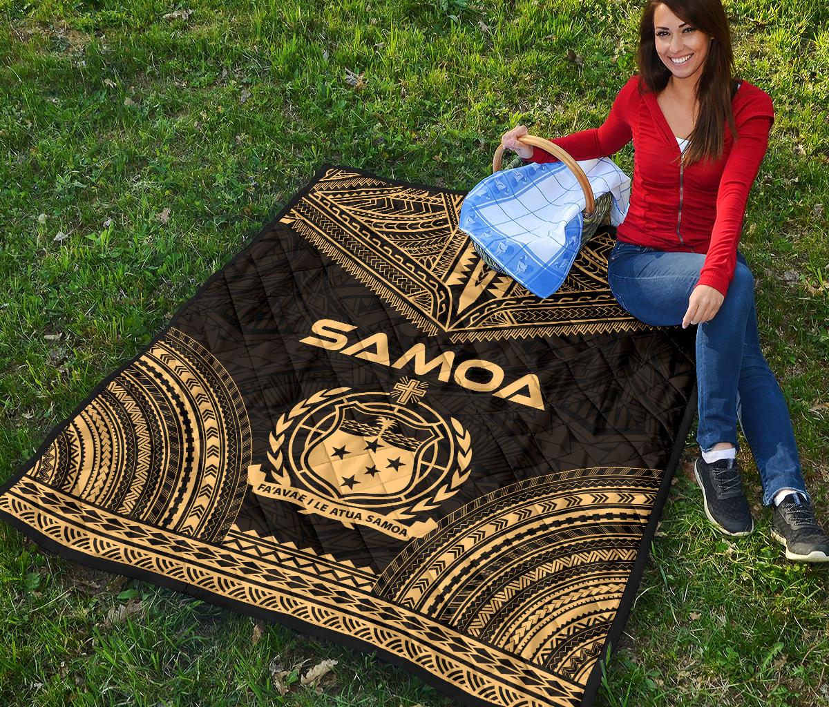 Samoa Premium Quilt - Samoa Coat Of Arms Polynesian Chief Gold Version - Polynesian Pride