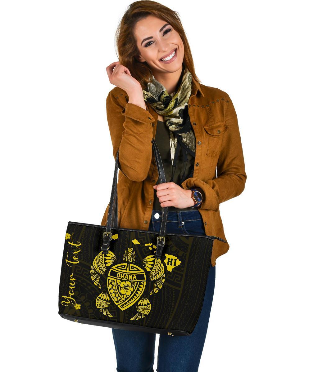 Personalized - Hawaii Kakau Polynesian Ohana Turtle Map Large Leather Tote - Yellow - Polynesian Pride