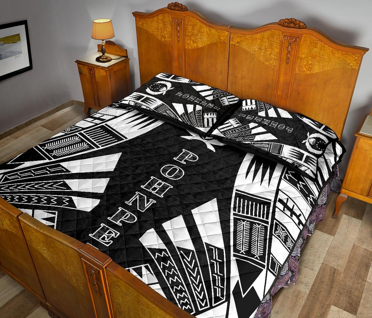 Pohnpei Quilt Bed Set - Phonpei Flag Polynesian White Tattoo Style - Polynesian Pride