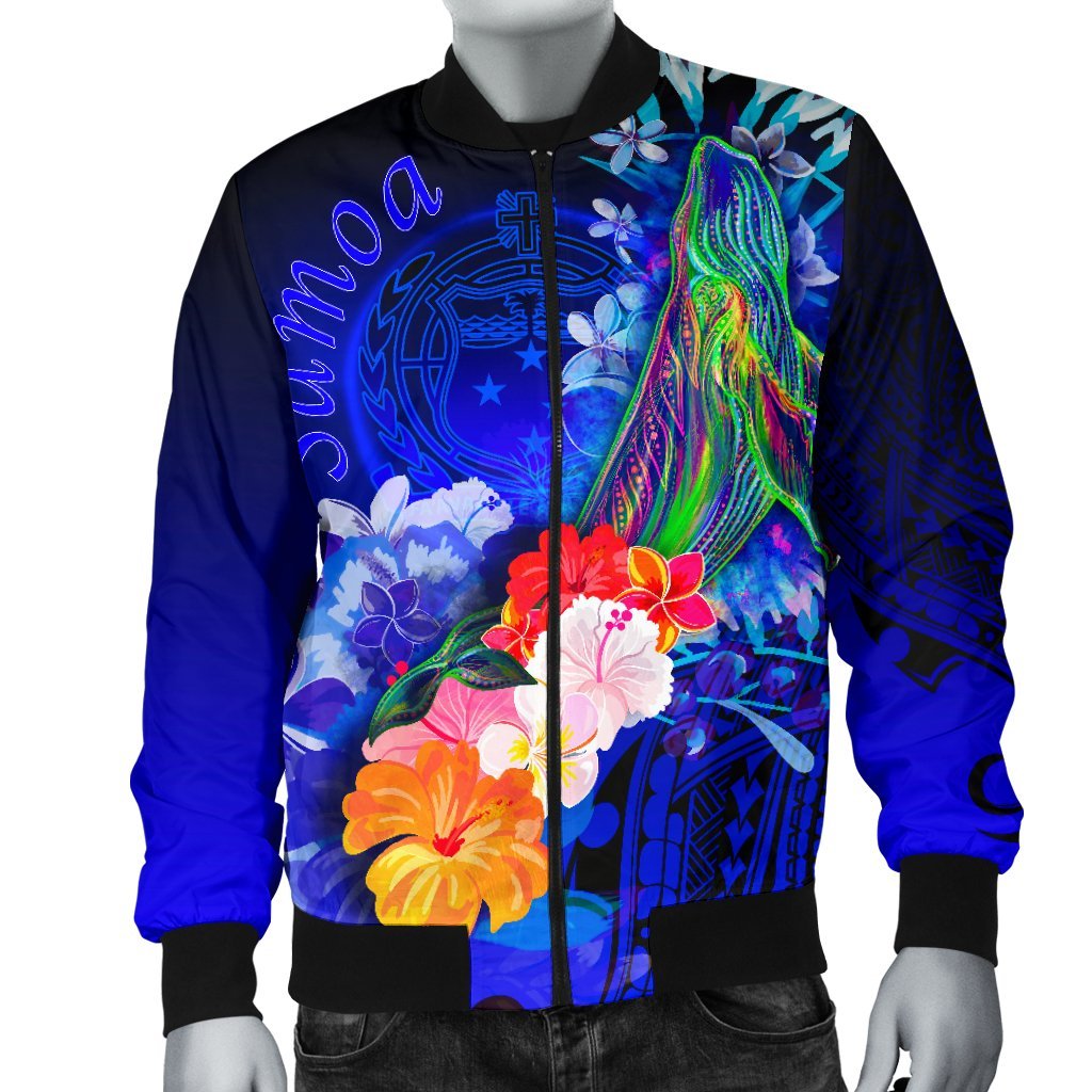 Samoa Men's Bomber Jacket - Humpback Whale with Tropical Flowers (Blue) - Polynesian Pride