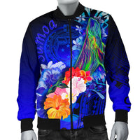 Samoa Men's Bomber Jacket - Humpback Whale with Tropical Flowers (Blue) - Polynesian Pride