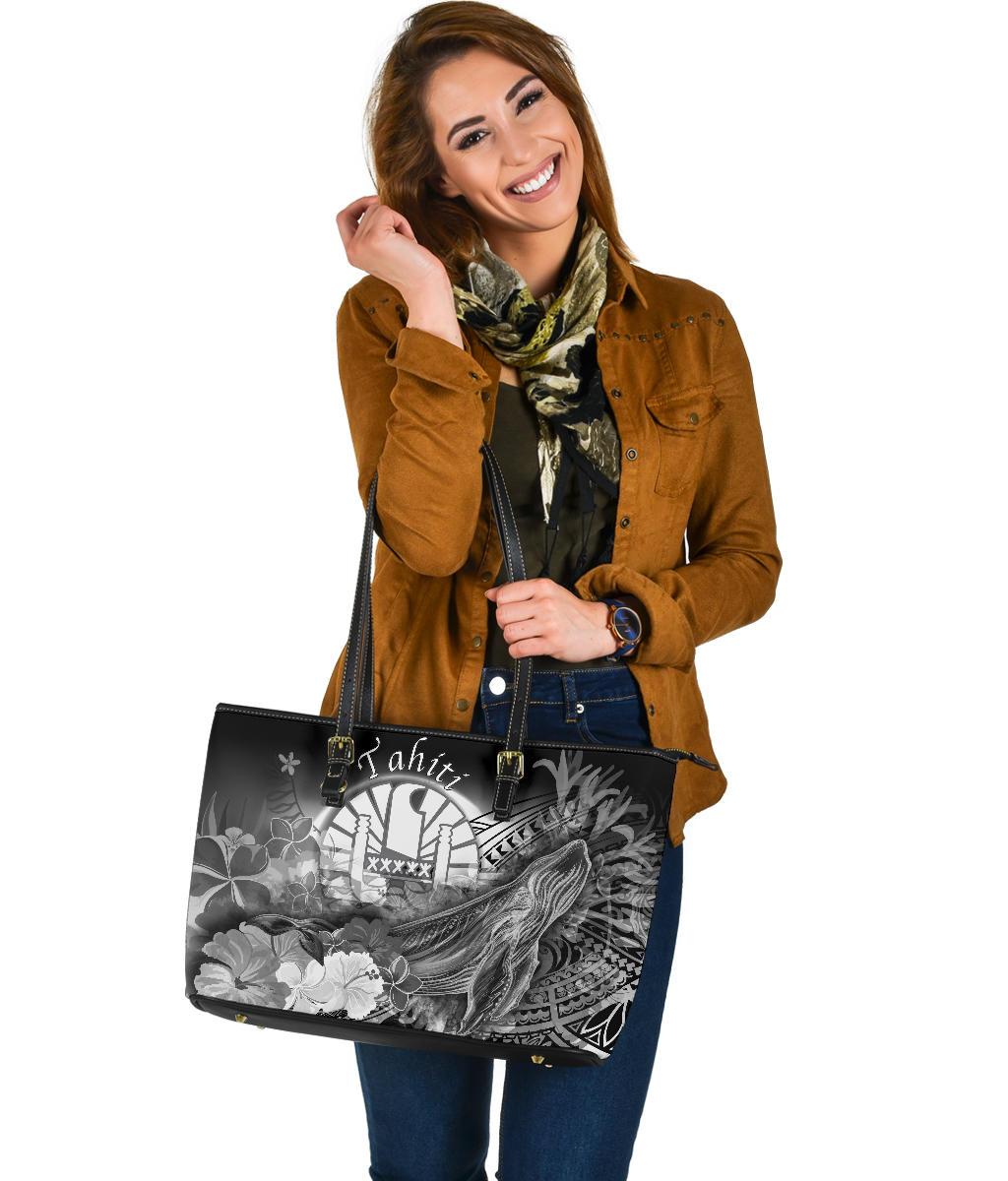 Tahiti Leather Tote Bag - Humpback Whale with Tropical Flowers (White) - Polynesian Pride