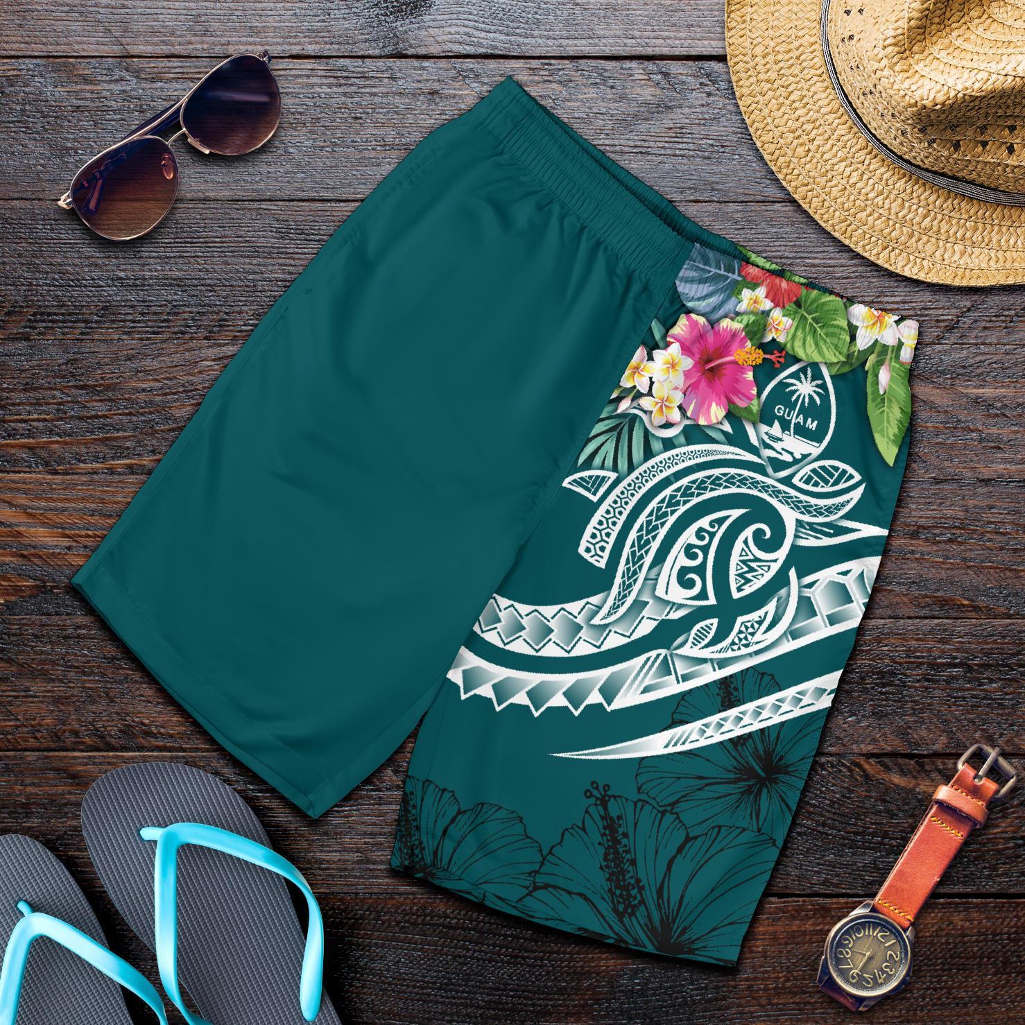 Guam Polynesian Men's Shorts - Summer Plumeria (Turquoise) Turquoise - Polynesian Pride