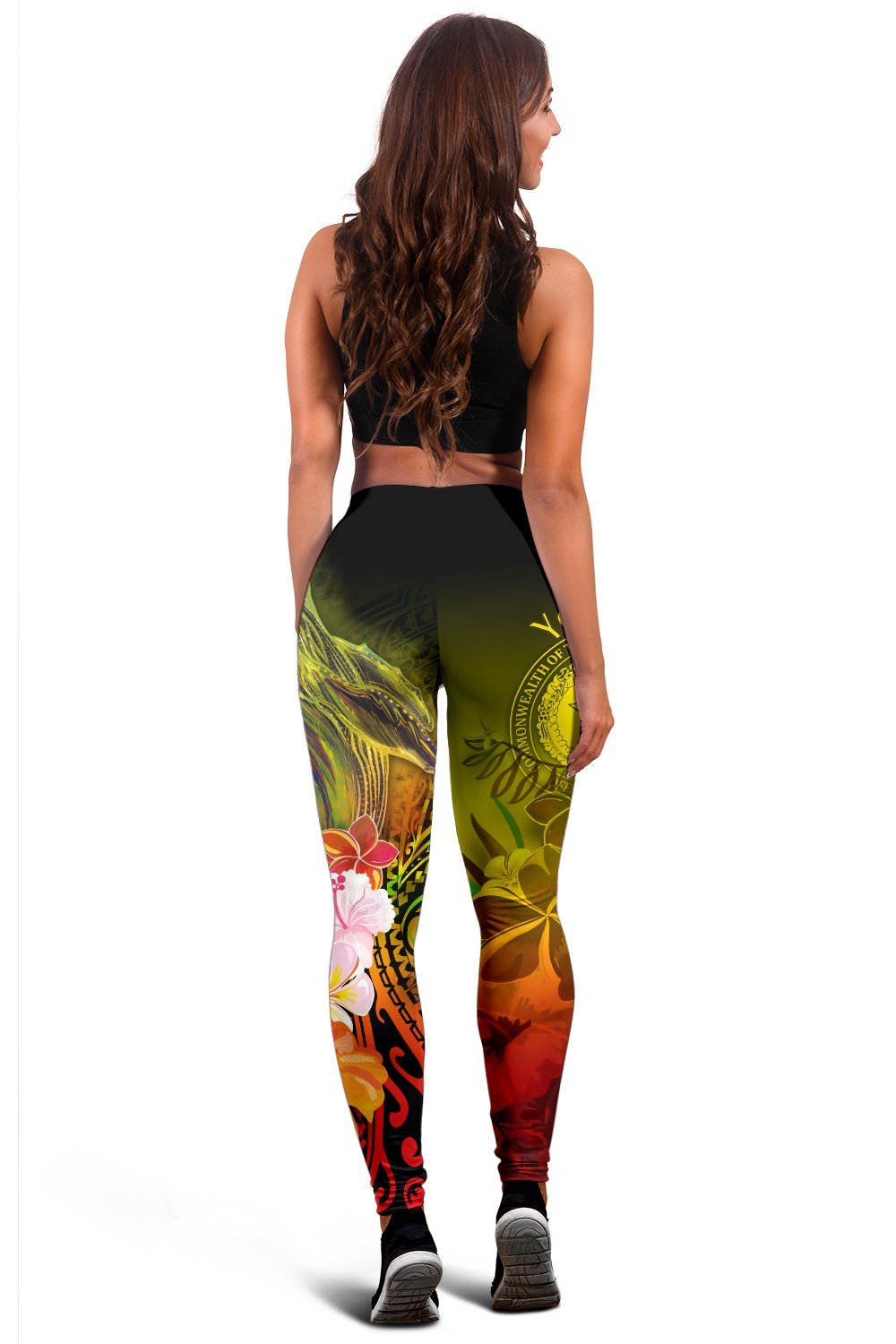 CNMI Custom Personalised Women's Leggings - Humpback Whale with Tropical Flowers (Yellow) - Polynesian Pride