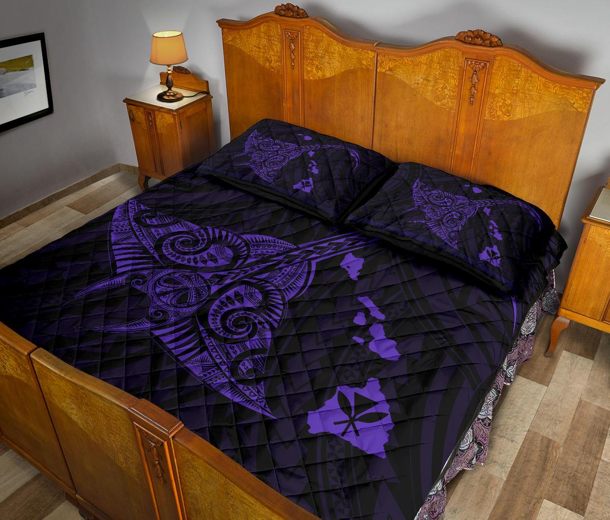 Hawaii Manta Ray Map Polynesian Purple Quilt Bed Set - Polynesian Pride