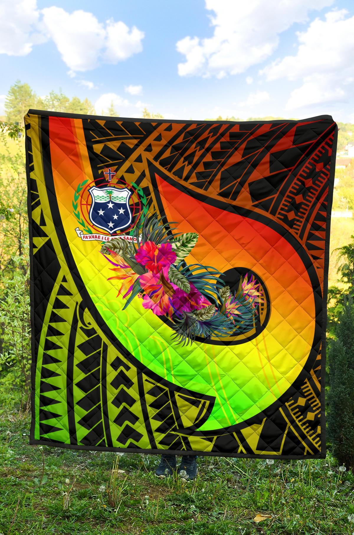 Samoa Premium Quilt - Polynesian Hook And Hibiscus (Reggae) - Polynesian Pride