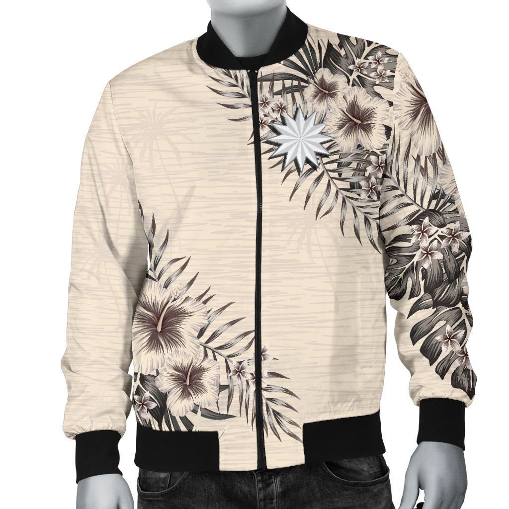 Nauru Men's Bomber Jacket - The Beige Hibiscus Beige - Polynesian Pride