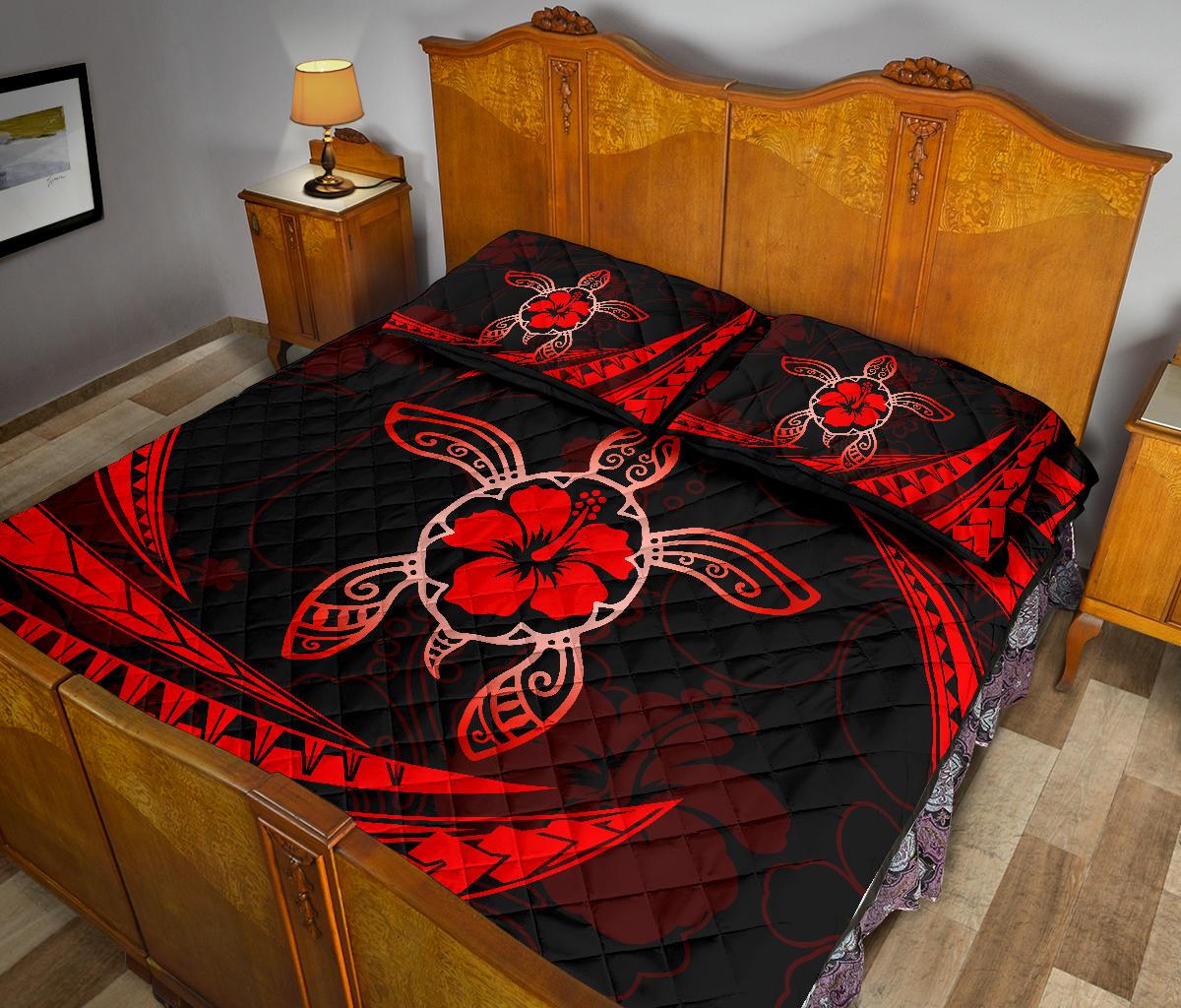 Hawaii Quilt Bed Set - Hibiscus Turtle Tribal Waves - Polynesian Pride