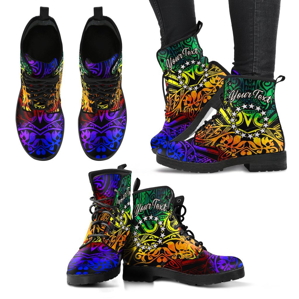 Cook Islands Custom Personalised Leather Boots - Rainbow Polynesian Pattern - Polynesian Pride
