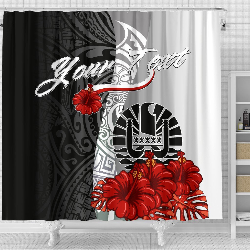 Tahiti Polynesian Custom Personalised Shower Curtain - Coat Of Arm With Hibiscus White - Polynesian Pride