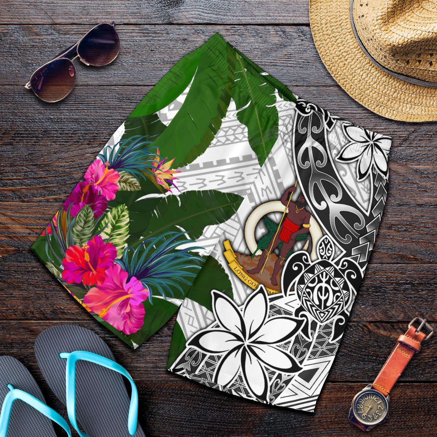 Vanuatu Men's Short White - Turtle Plumeria Banana Leaf - Polynesian Pride