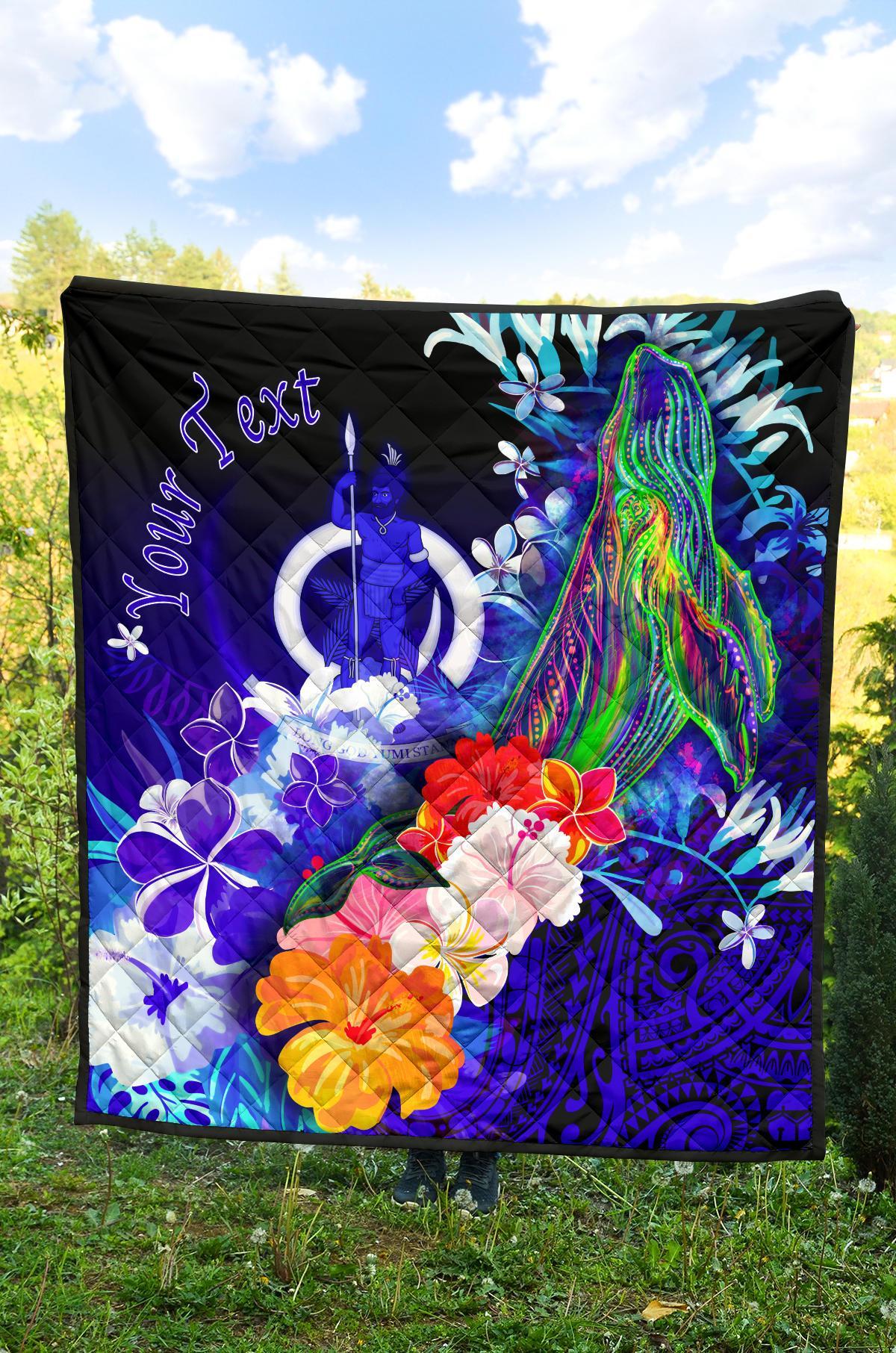 Vanuatu Custom Personalised Premium Quilt - Humpback Whale with Tropical Flowers (Blue) - Polynesian Pride